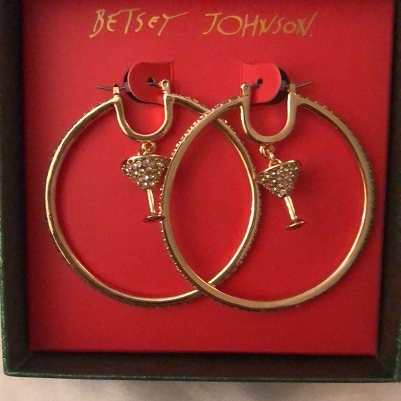 Betsey Johnson Gold Tone Hoop Earrings With Martini Charm & Crystal Accents NIB - Picture 10 of 13